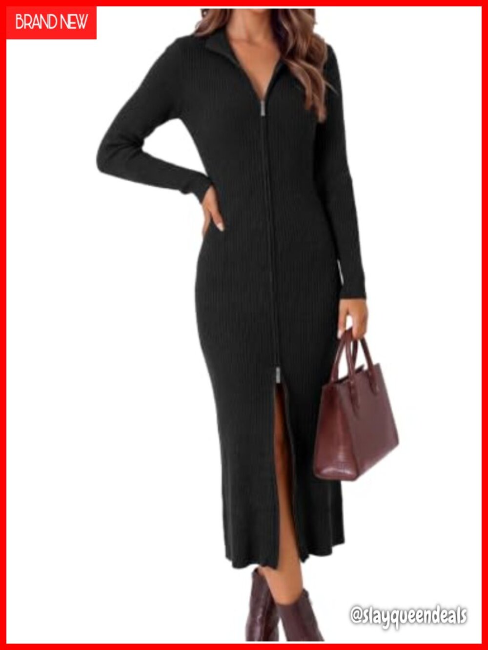 Long Sleeve Midi Dress Zipper V Neck Slim Fit Ribbed Knit Bodycon